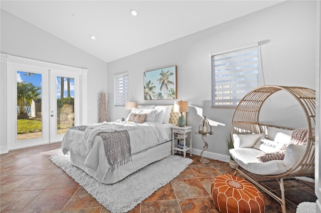 bedroom featuring recessed lighting, french doors, baseboards, lofted ceiling, and access to exterior