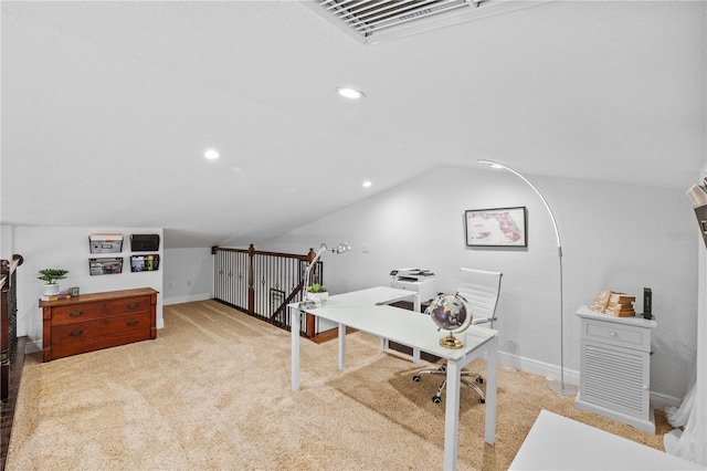 office space featuring visible vents, carpet floors, baseboards, recessed lighting, and vaulted ceiling