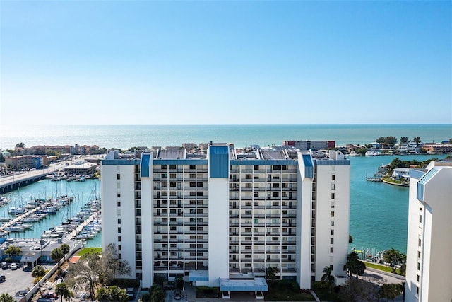 drone / aerial view featuring a water view