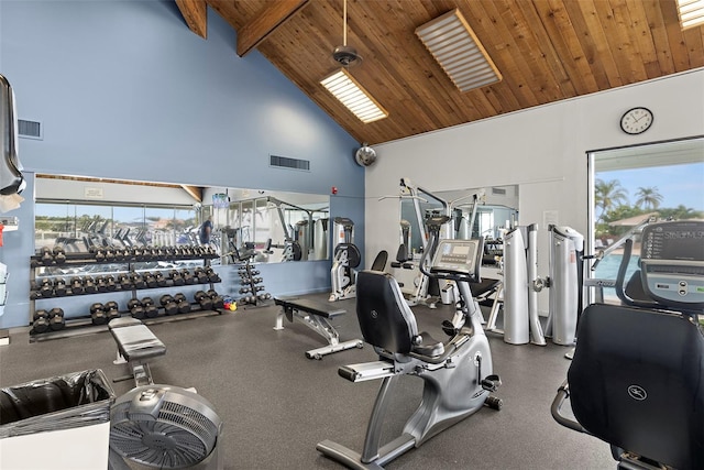 workout area with high vaulted ceiling, wood ceiling, and visible vents