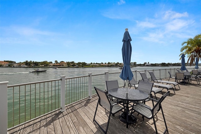 deck featuring outdoor dining area and a water view