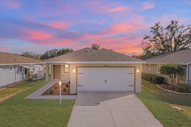 single story home featuring an attached garage, a shingled roof, driveway, stucco siding, and a front yard