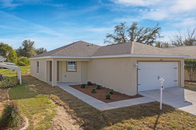 ranch-style house featuring a garage, concrete driveway, roof with shingles, a front lawn, and stucco siding