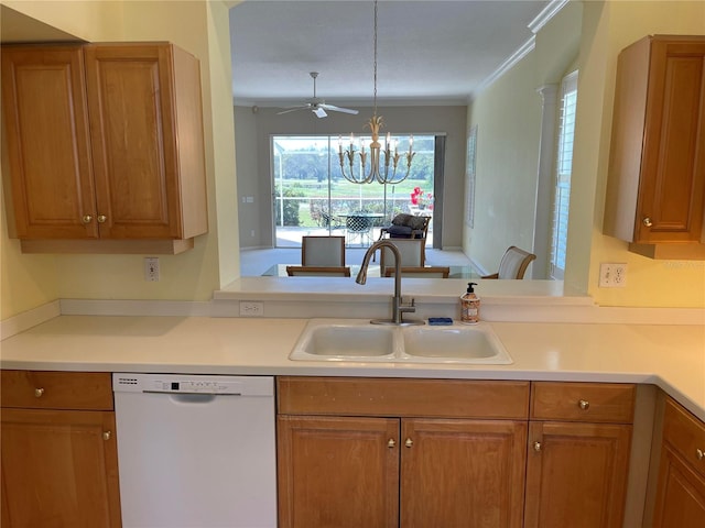 kitchen with dishwasher, light countertops, brown cabinetry, and a sink