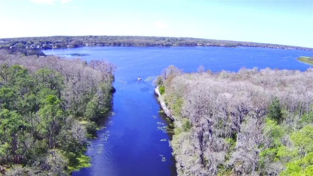 birds eye view of property featuring a water view and a forest view