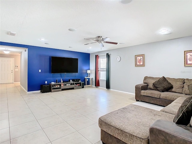 living room with light tile patterned floors, recessed lighting, visible vents, a ceiling fan, and baseboards