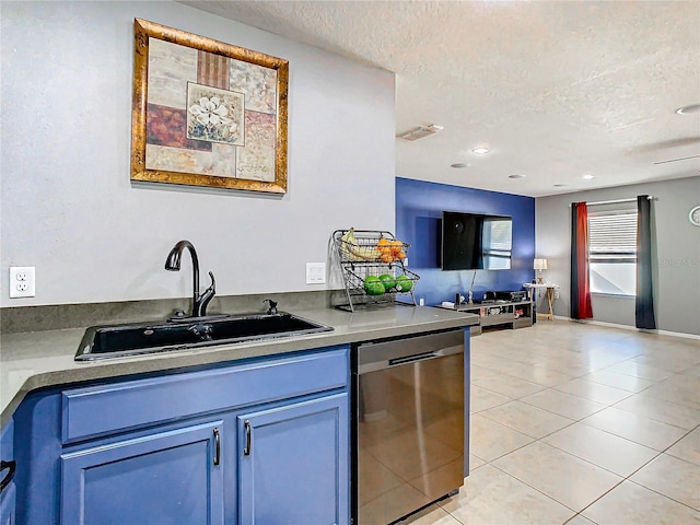 kitchen with dishwasher, blue cabinetry, open floor plan, and a sink