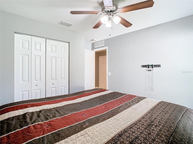 bedroom with a ceiling fan, visible vents, and a closet