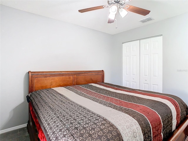 bedroom with a closet, visible vents, and a ceiling fan