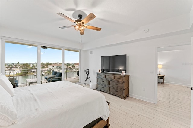 bedroom with visible vents, a ceiling fan, baseboards, access to outside, and light wood-type flooring