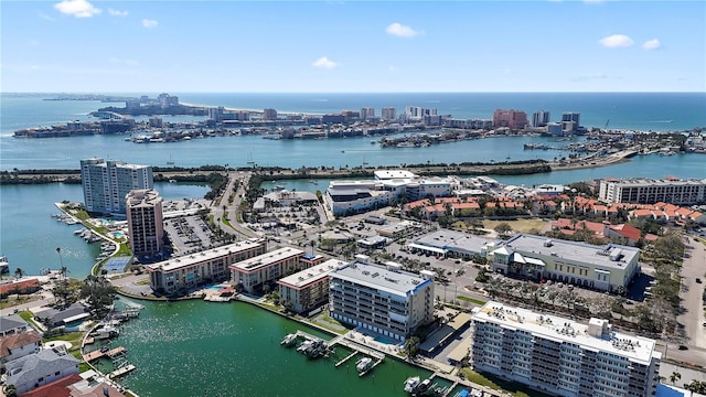 aerial view featuring a view of city and a water view