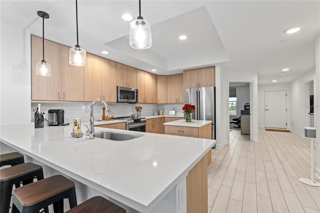 kitchen with appliances with stainless steel finishes, a peninsula, a tray ceiling, light countertops, and a sink