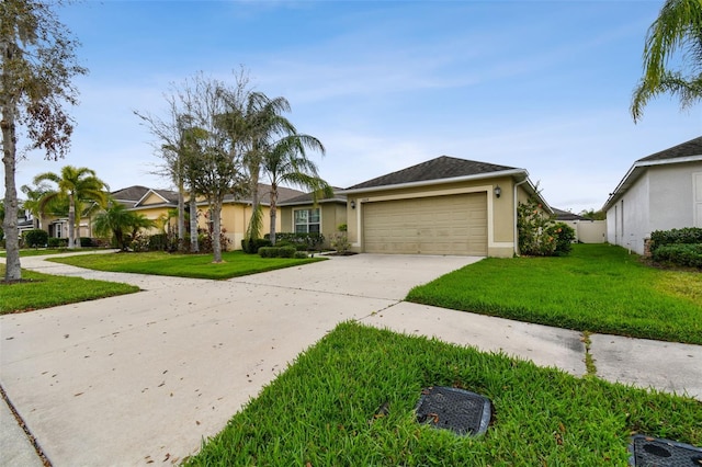 view of front of house featuring a garage, concrete driveway, a front yard, and stucco siding