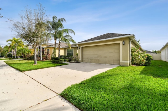 ranch-style house with driveway, a garage, a front yard, and stucco siding