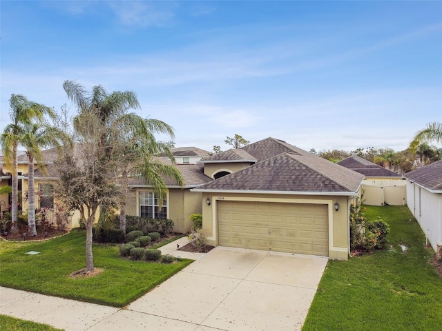 view of front of home featuring driveway, a front lawn, an attached garage, and stucco siding