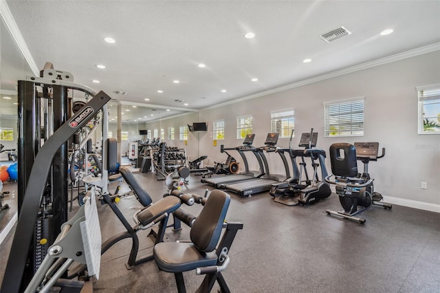 gym with recessed lighting, visible vents, crown molding, and baseboards