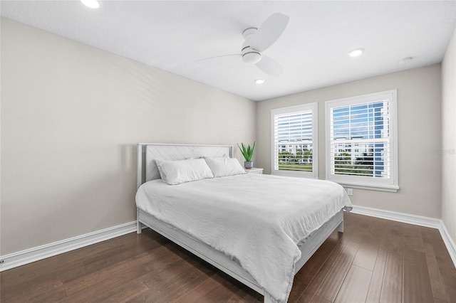 bedroom with ceiling fan, baseboards, dark wood-style flooring, and recessed lighting