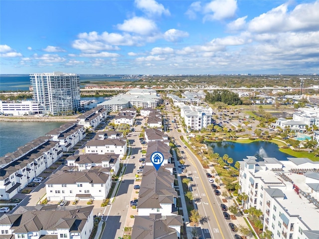 drone / aerial view featuring a water view