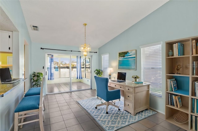 tiled office space featuring vaulted ceiling, visible vents, and a notable chandelier