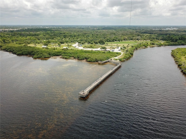 birds eye view of property featuring a water view and a forest view