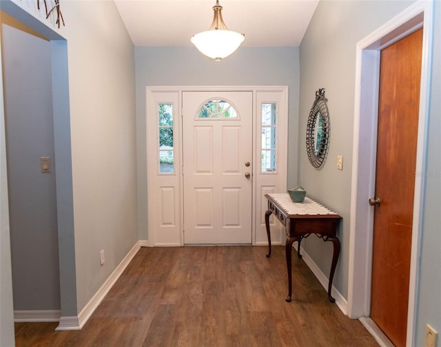 foyer featuring baseboards and dark wood-style flooring