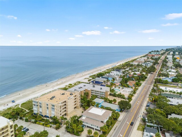 bird's eye view with a beach view and a water view