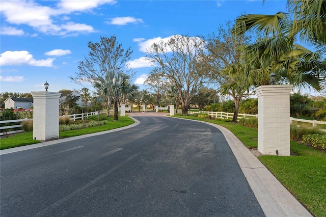 view of street with a gated entry and street lights