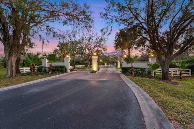 view of street featuring curbs, a gated entry, and a gate