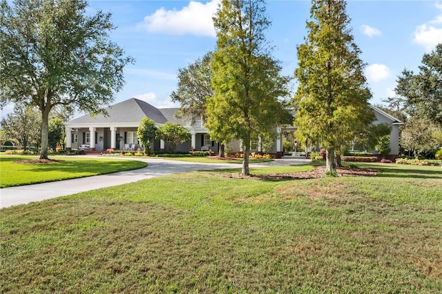 view of front facade with concrete driveway and a front lawn