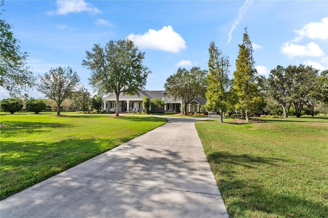 view of front facade featuring driveway and a front lawn