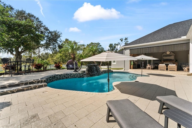 outdoor pool with a patio, outdoor dining space, and an outdoor living space