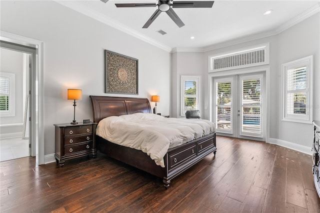 bedroom featuring access to outside, dark wood finished floors, visible vents, and crown molding