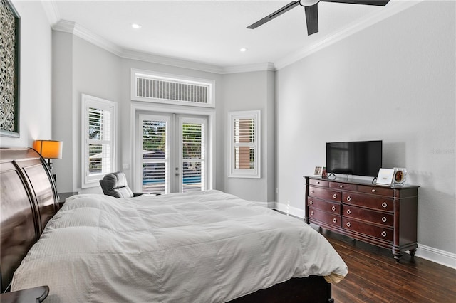 bedroom with wood finished floors, baseboards, access to outside, ornamental molding, and french doors