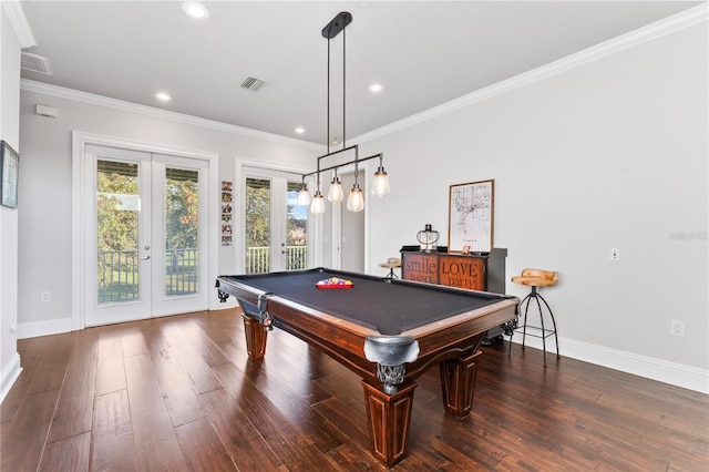 recreation room featuring wood finished floors, visible vents, baseboards, french doors, and crown molding