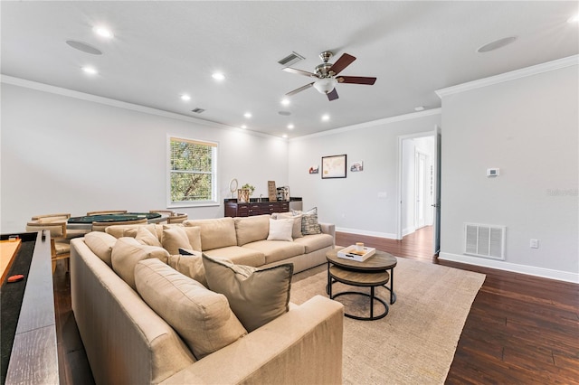 living room featuring ceiling fan, recessed lighting, visible vents, baseboards, and dark wood finished floors