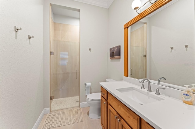 bathroom with a stall shower, baseboards, toilet, tile patterned floors, and vanity