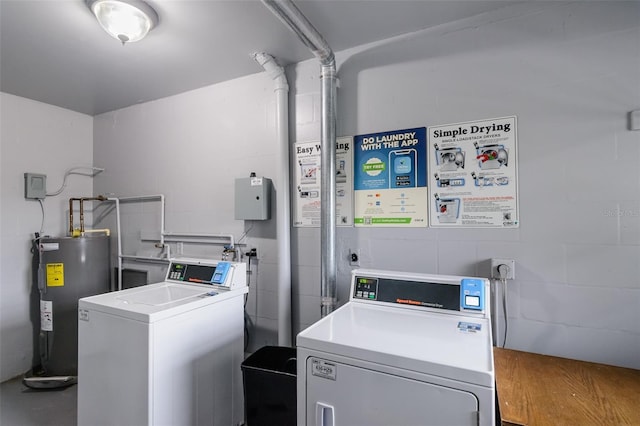 shared laundry area featuring concrete block wall, water heater, and washing machine and clothes dryer