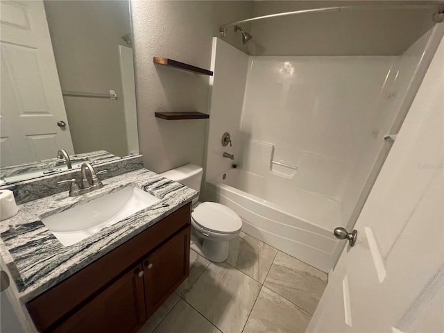 full bath with toilet, shower / bathtub combination, and vanity