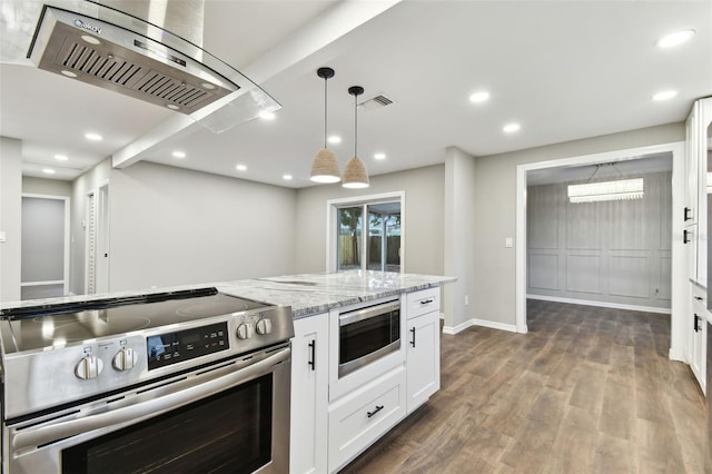 kitchen with dark wood-style flooring, stainless steel appliances, hanging light fixtures, white cabinetry, and light stone countertops