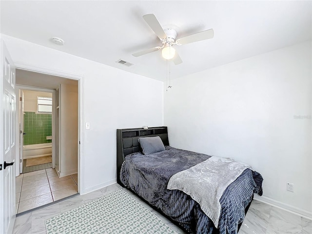 bedroom with marble finish floor, visible vents, ceiling fan, and baseboards