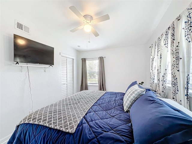 bedroom featuring a closet, visible vents, and ceiling fan