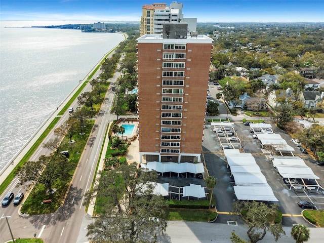 aerial view featuring a water view