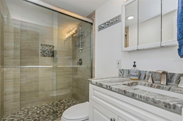 bathroom featuring vanity, a shower stall, and toilet