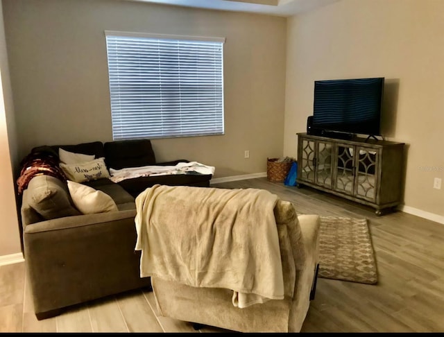 living area with baseboards and wood finished floors