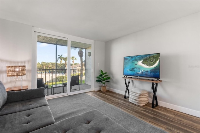 living area featuring baseboards and dark wood-style flooring