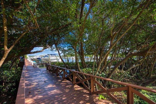 wooden deck featuring a water view and a boat dock