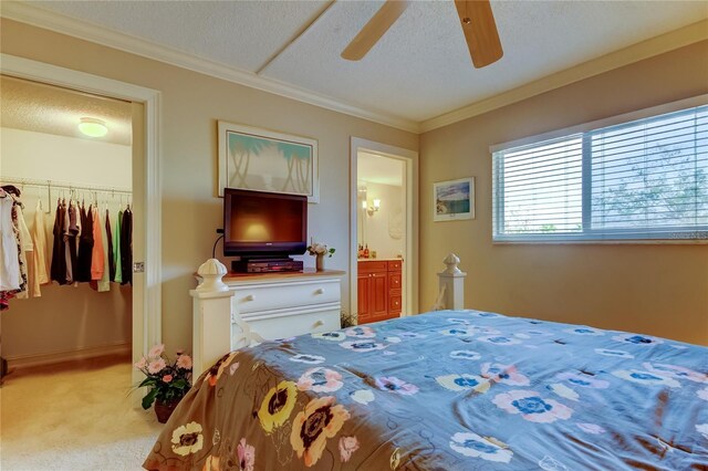 bedroom featuring light carpet, a walk in closet, crown molding, a textured ceiling, and a closet