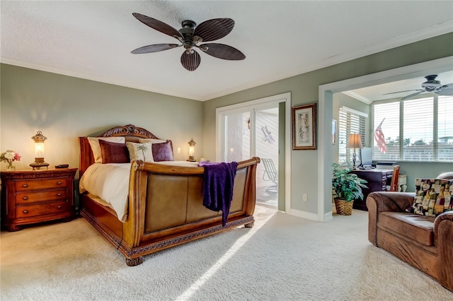 bedroom with ornamental molding, light carpet, baseboards, and a ceiling fan