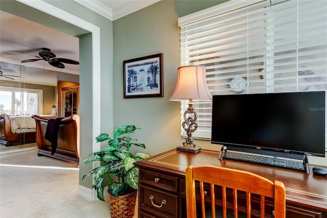 home office featuring ceiling fan, crown molding, and carpet flooring