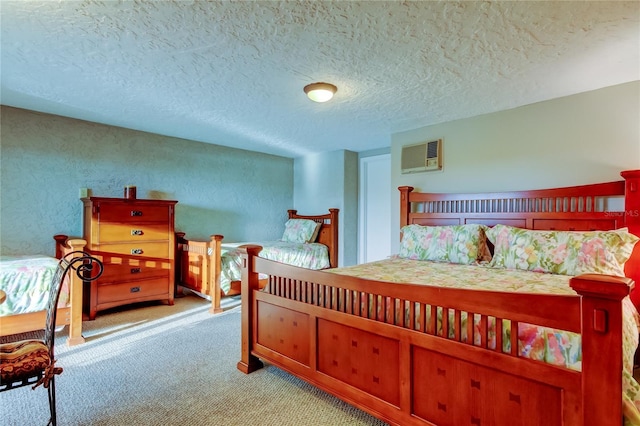 carpeted bedroom with visible vents, a textured wall, and a textured ceiling